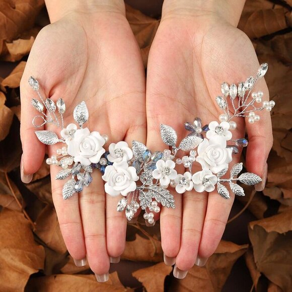 Wedding Hair Vine Blue Rhinestone Bridal Headpiece Crystal Leaf Flower Jewelry - Picture 7 of 7
